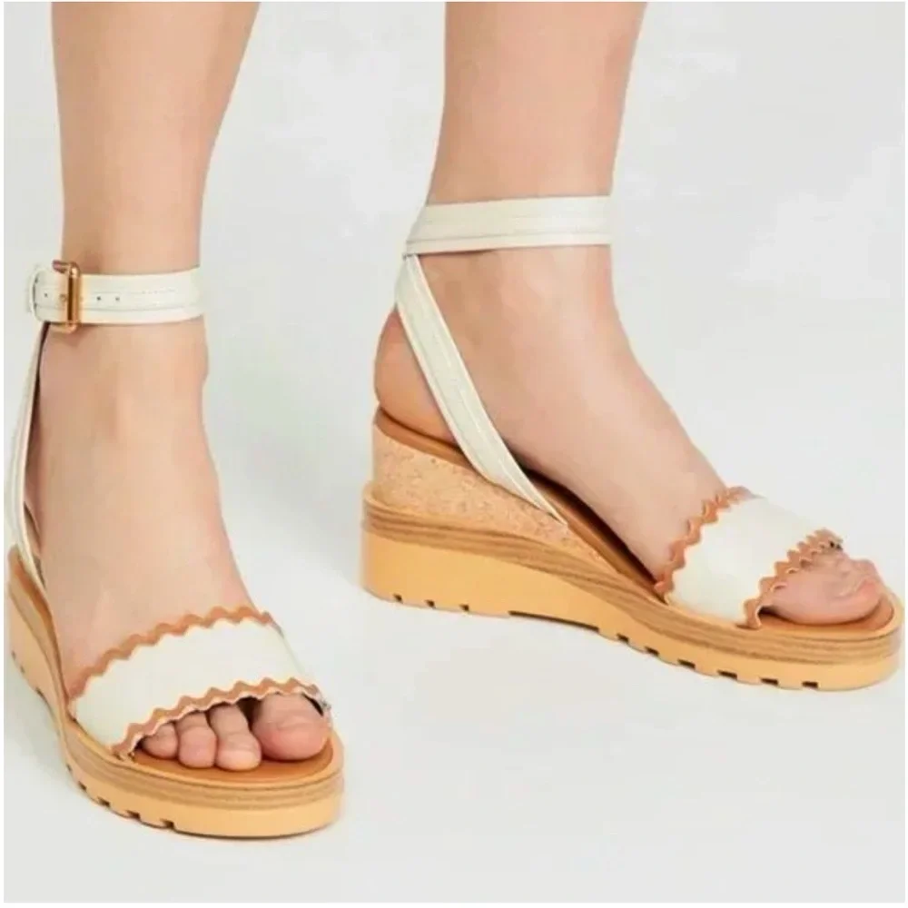 SEE BY CHLOE ROBIN BROWN TAN WHITE ANKLE WRAP BICOLOR PLATFORM WEDGE SANDALS - Picture 14 of 14